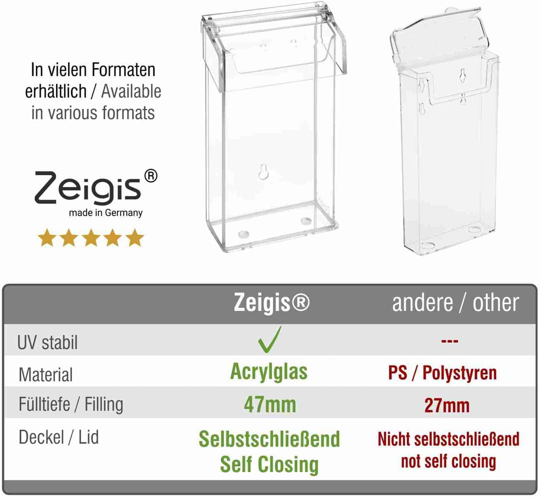 Zeigis DIN Lang Prospektbox / Prospekthalter / Flyerhalter im Hochformat, wetterfest, für Aussen, mi