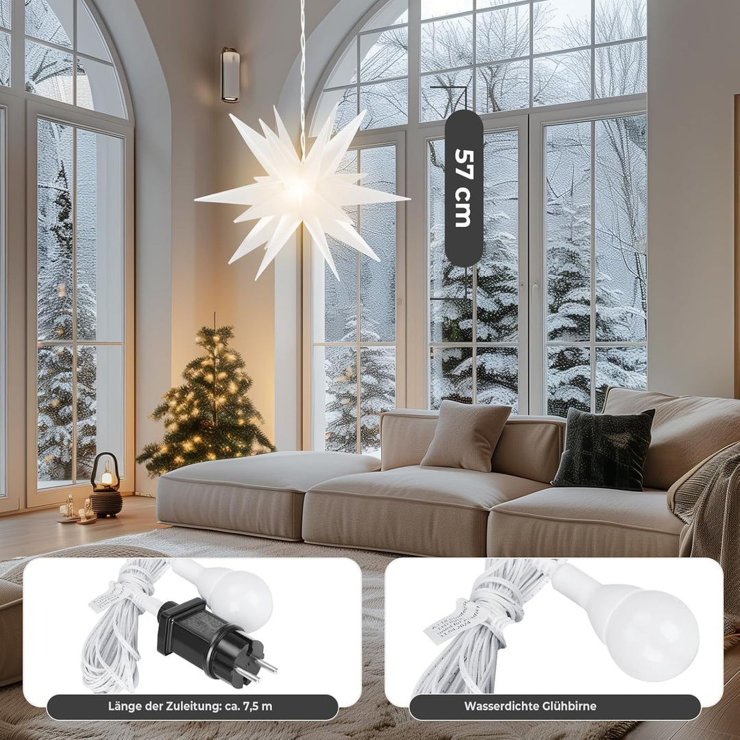 OVILUM Leuchtstern 3D mit LED Beleuchtung | weiss | |Ø 57 cm| 3D Stern mit 18 Spitzen | wetterfest |