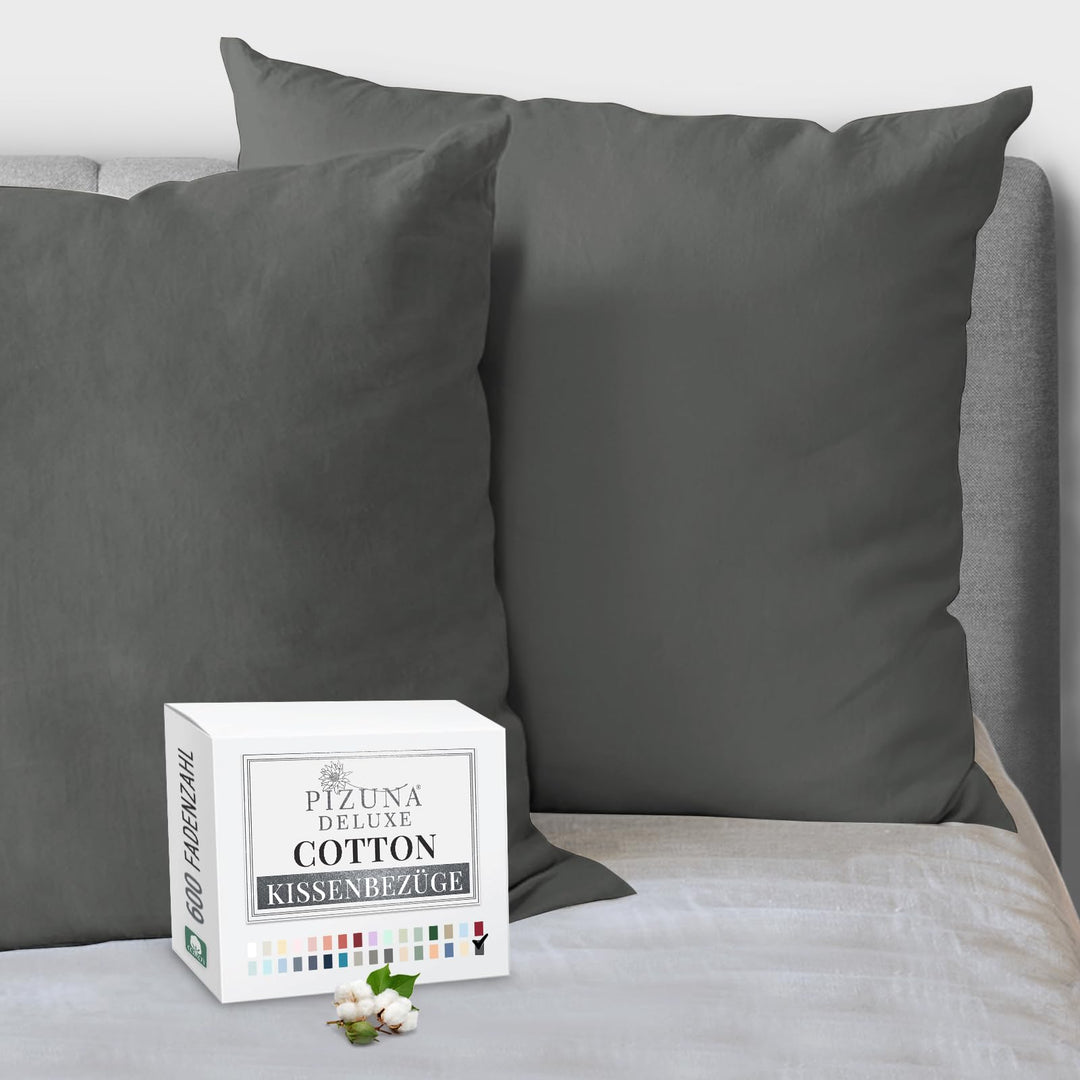 Pizuna Luxuriöser Soft-Satin 2er Pack Kissenbezug 80x80 cm Anthrazit Grau, 600 Fadenzahl Baumwolle K