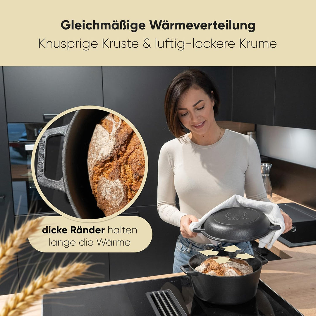 LaibMeister - Brotbacktopf aus Gusseisen mit Deckel. Einsetzbar als Bräter, Dutch Oven, Topf, Grillp