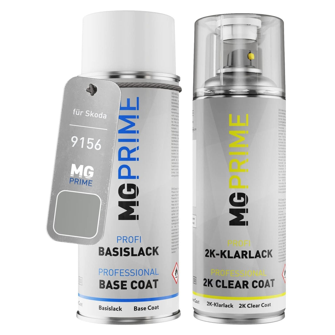 MG PRIME Autolack 2K Spraydosen Set für Skoda 9156 / 8E Brilliant Silber Metallic Basislack 2 Kompon