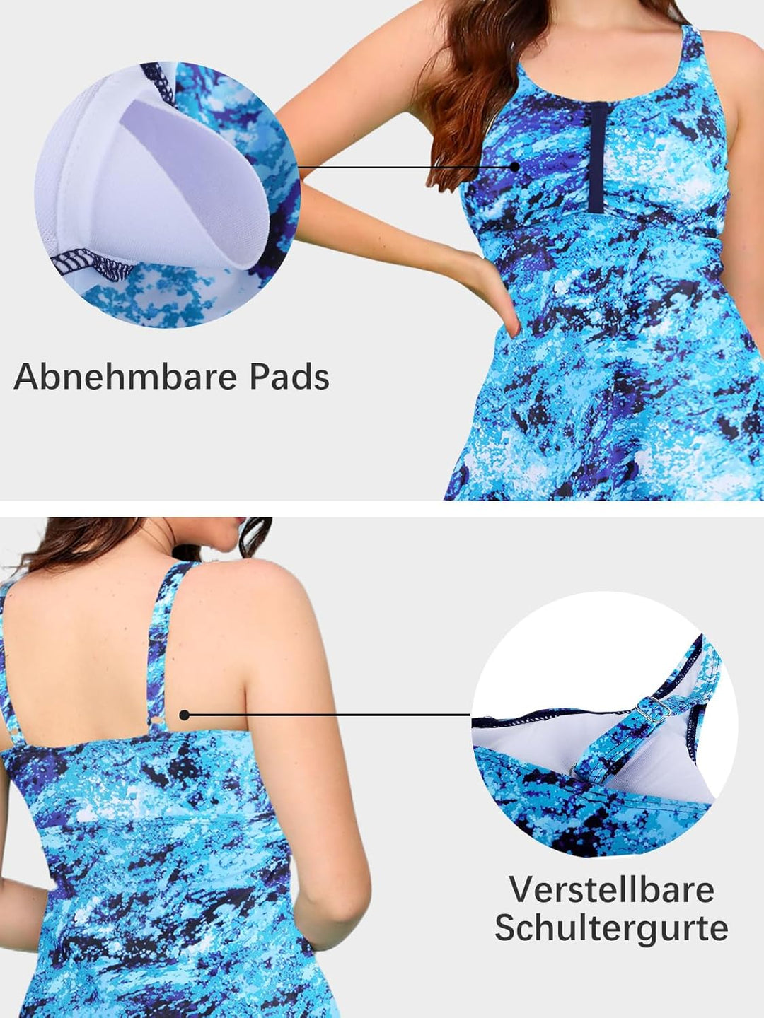 Ecupper Damen Tankini Set Badekleid Blumen Muster Badeanzug mit Shorts Swimsuit Übergrösse, S Blau