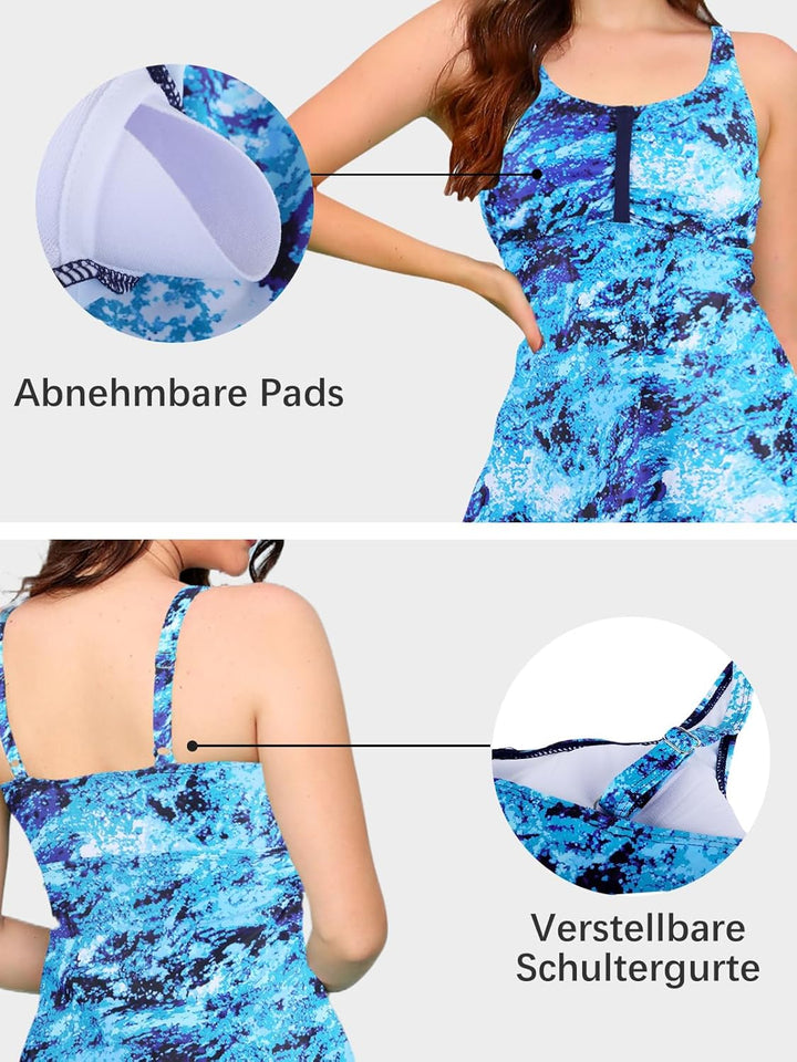 Ecupper Damen Tankini Set Badekleid Blumen Muster Badeanzug mit Shorts Swimsuit Übergrösse, S Blau