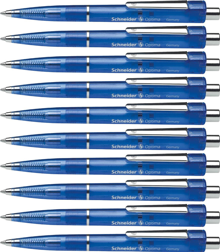 Schneider Optima Druckkugelschreiber (Strichstärke M, dokumentenecht) 10 Stück, blau-transparent, bl