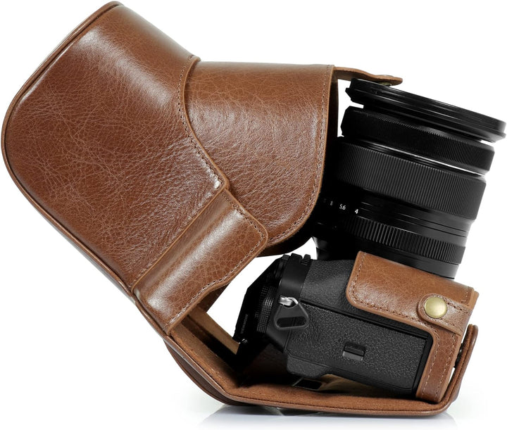 MegaGear Ever Ready Echtleder Kameratasche kompatibel mit Fujifilm X-T5 (16-80mm)(Braun), Braun