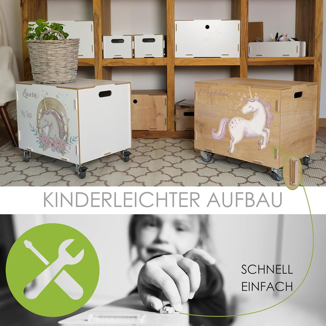 Peronalisierbare Aufbewahrungsbox mit Einhorn Mädchen-Motiv (33x45,5x34,5cm + 6cm Räder-Höhe) Aufbew