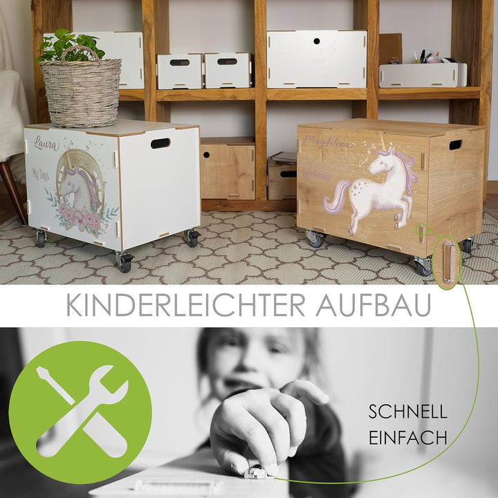 Peronalisierbare Aufbewahrungsbox mit Einhorn Mädchen-Motiv (33x45,5x34,5cm + 6cm Räder-Höhe) Aufbew