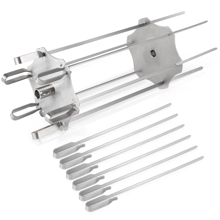 Edelstahl Rotisserie Spiess Set für Drehspiess bis Ø14mm, Spiess-Rondell Inkl. 6 Langen (41cm) & 6 k