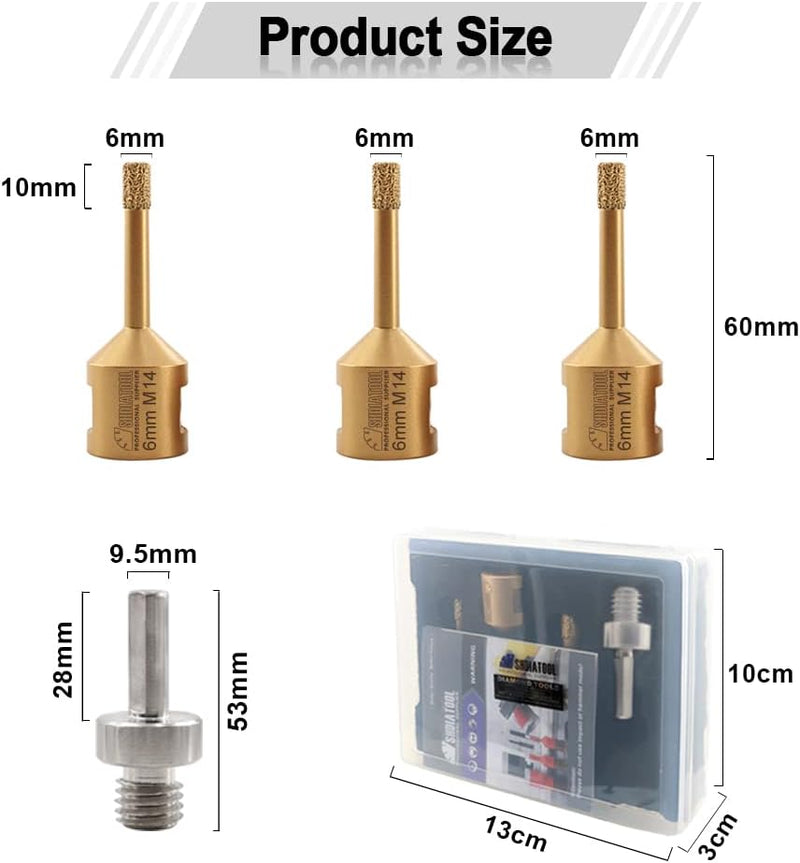 SHDIATOOL Diamant-Bohrkrone Fliesenlochsäge 6/6/6MM und HEX-Schaftadapter für Beton Granit Marmor Po