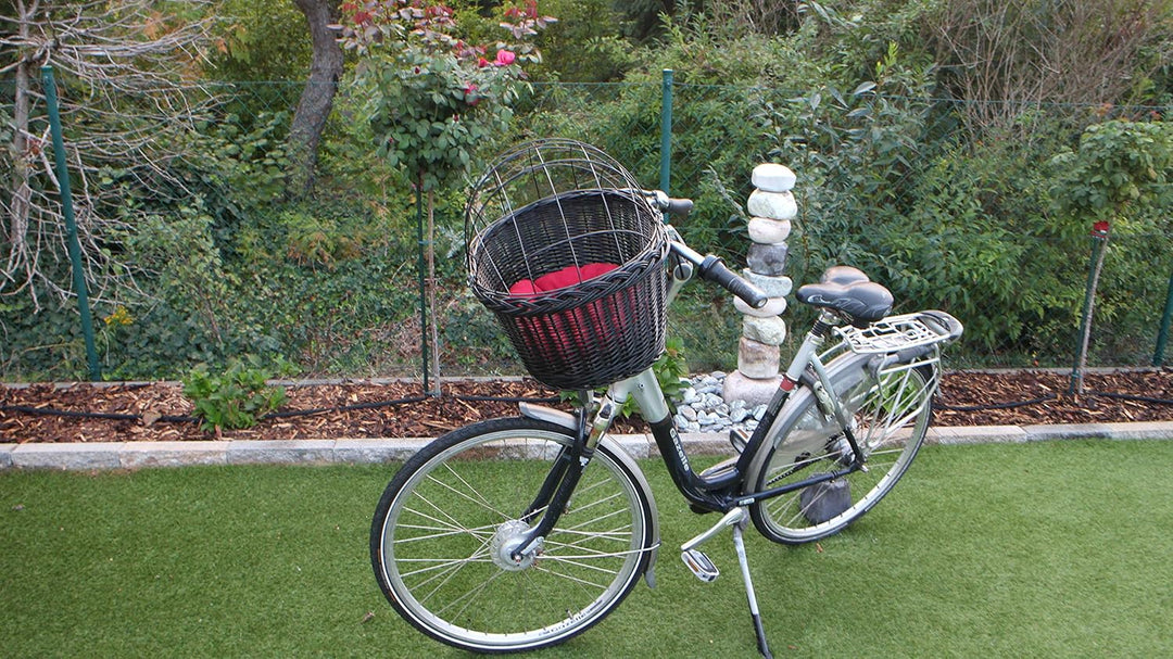 Marcus Hundefahrradkorb für Fahradlenker aus Weide mit Metallgitter und Kissen in Schwarz Lenkrad We