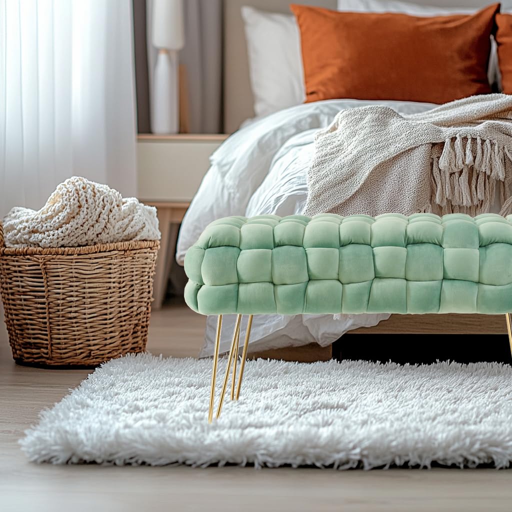 Zedelmaier Moderner Velvet Kosmetik Hocker, Quadratisch Ottoman-Fusshockermit goldfarbenen Metallbei