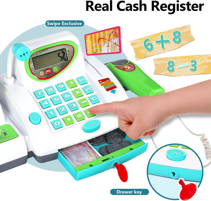 HERSITY Kaufladen Kasse Spielzeug, Registrierkasse Kinder mit Scanner Mikrofon, Grosse Spielkasse 31