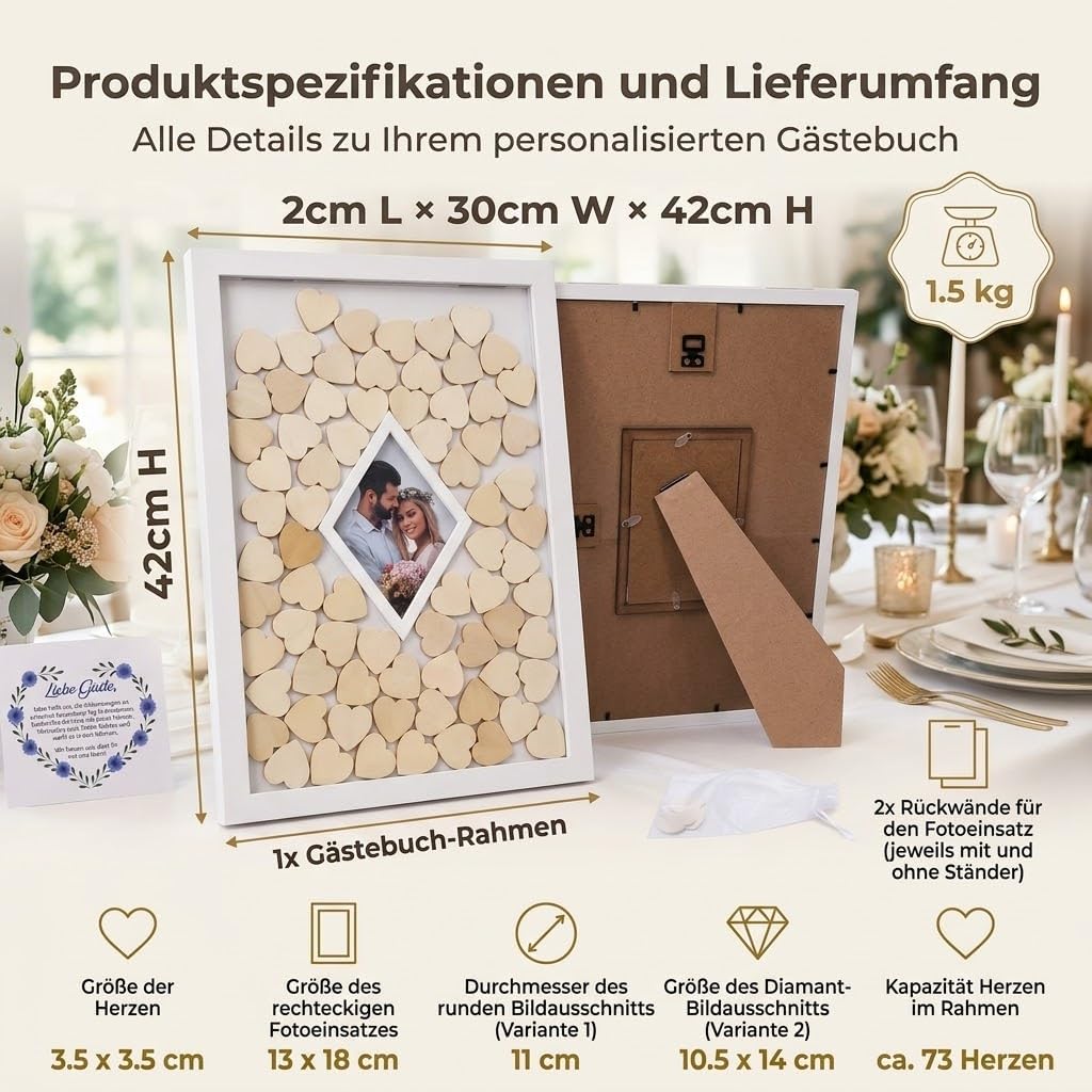 Jandiklee Gästebuch Holzrahmen inkl. Herzen aus Holz für Hochzeit, Taufe, Geburtstag (Fotorahmen Dia