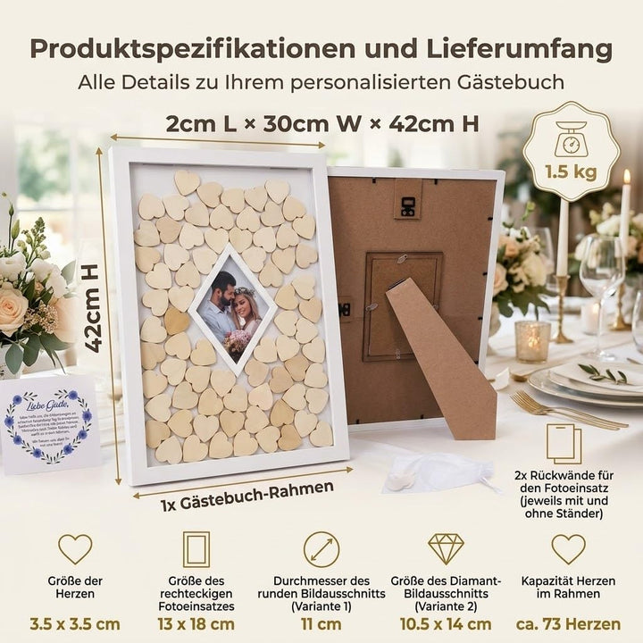 Jandiklee Gästebuch Holzrahmen inkl. Herzen aus Holz für Hochzeit, Taufe, Geburtstag (Fotorahmen Dia