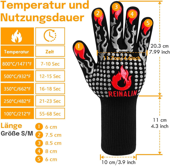 Reinalin Grillhandschuhe Hitzebeständig bis 800°C, Ofenhandschuhe Topfhandschuhe Feuerfeste Handschu