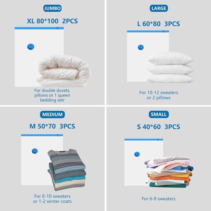 Vakuumbeutel für Kleidung mit elektrischer Luftpumpe, 11Pack (2 Jumbo/3 gross/3 mittel/3 klein), Vak