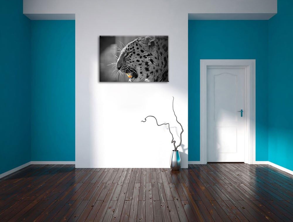 brüllender Leopard schwarz/weiss auf Leinwand, XXL riesige Bilder fertig gerahmt mit Keilrahmen, Kun