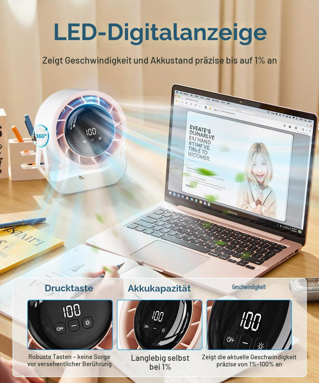 Macchiatto Tischventilator USB mit Akku, Leiser Mini Ventilator, 4 Geschwindigkeiten, 360° Verstellb