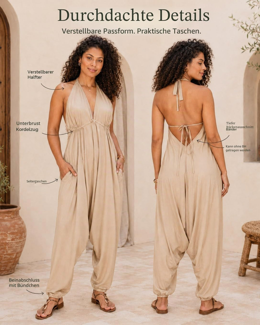 likemary Jumpsuit Damen Sommer – Luftiger Neckholder Overall mit Taschen – Boho Einteiler Damen mit