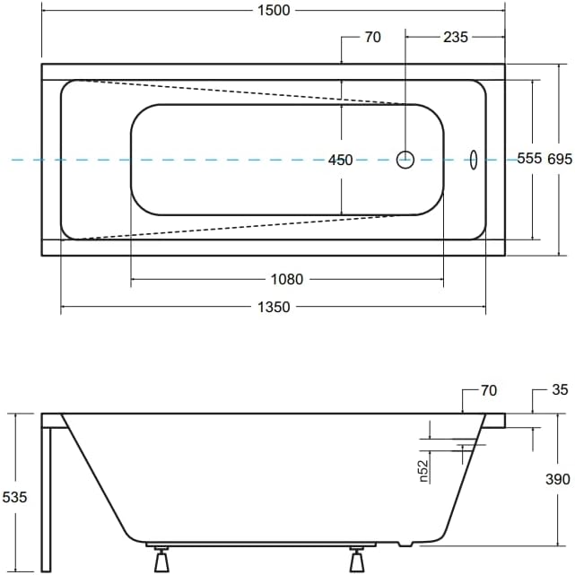 KOLMAN Badewanne MODERN Rechteck 150x70 ohne Verkleidung, Ablaufgarnitur und Füssen Komplettset 3in1