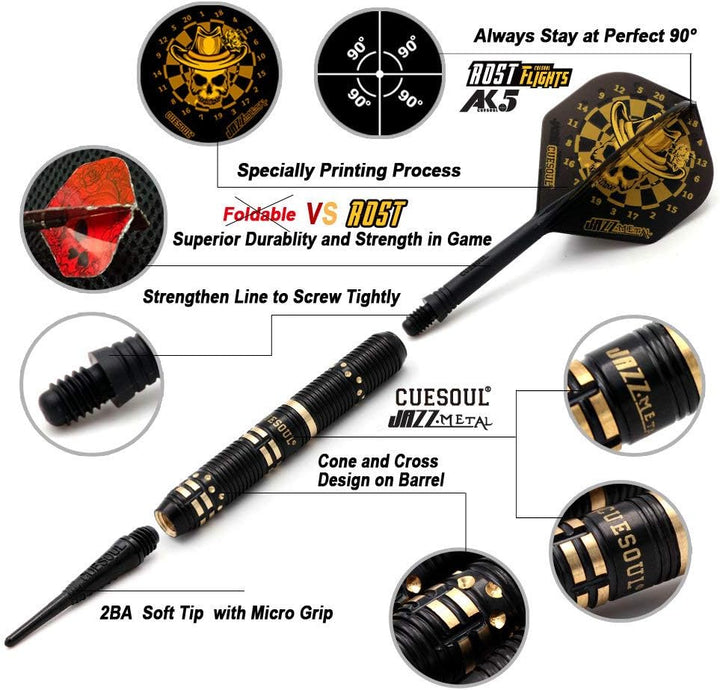 CUESOUL Jazz-METAL 19g Soft Tip Dart Set aus schwarz beschichtetem Messing mit integrierten AK5 Flig