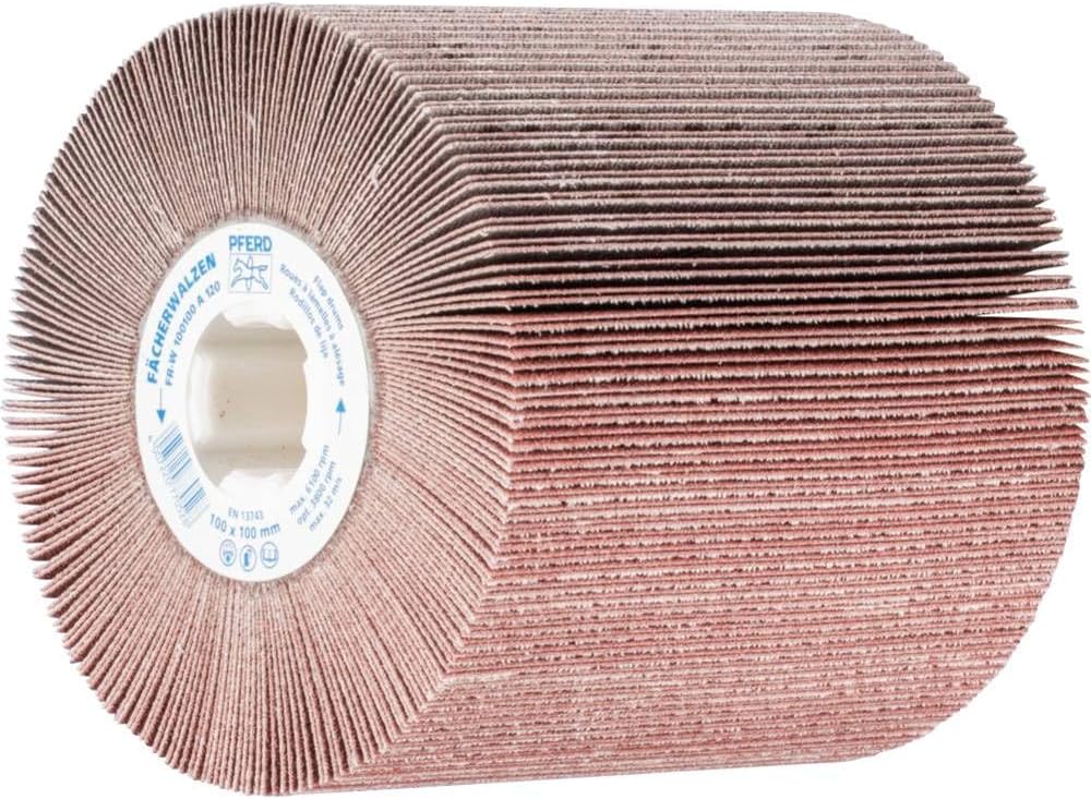 PFERD Fächerschleifwalze | 100 x 100 mm, Keilnut 19mm, Korund A 120 | 44783120 – zum universellen Ei