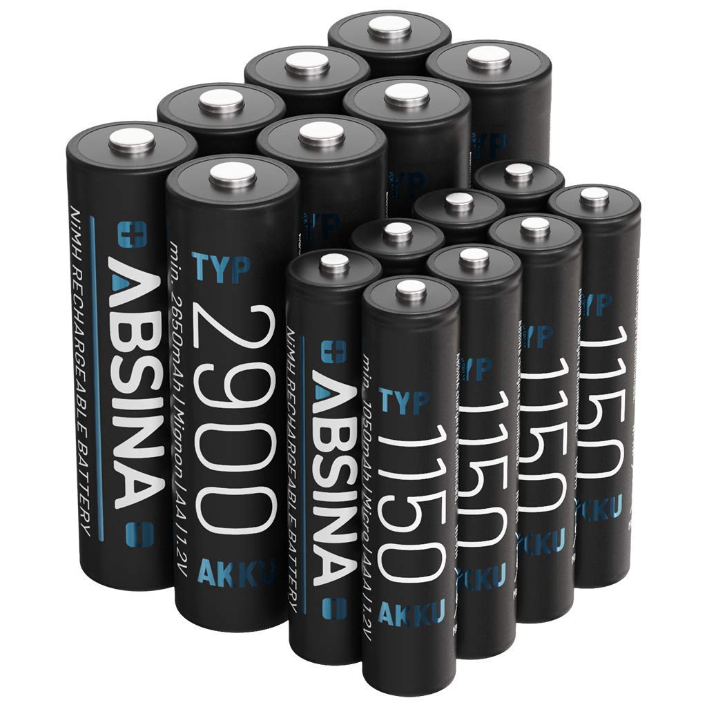 ABSINA 8X AA Mignon 2900 & 8X AAA Micro 1150 Akku - NiMH Wiederaufladbare Akkus mit 1,2V - Akkus für