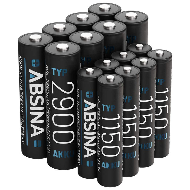 ABSINA 8X AA Mignon 2900 & 8X AAA Micro 1150 Akku - NiMH Wiederaufladbare Akkus mit 1,2V - Akkus für