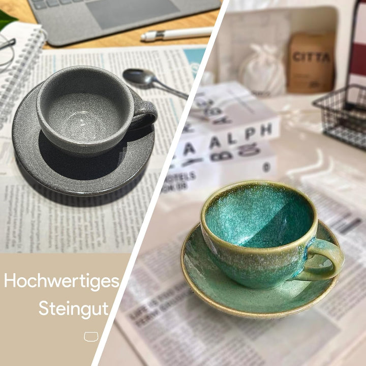 Espressotassen Set mit Untertassen 100ml, 4er Set bunt, handgefertigte Steingut Kaffeetassen, spülma