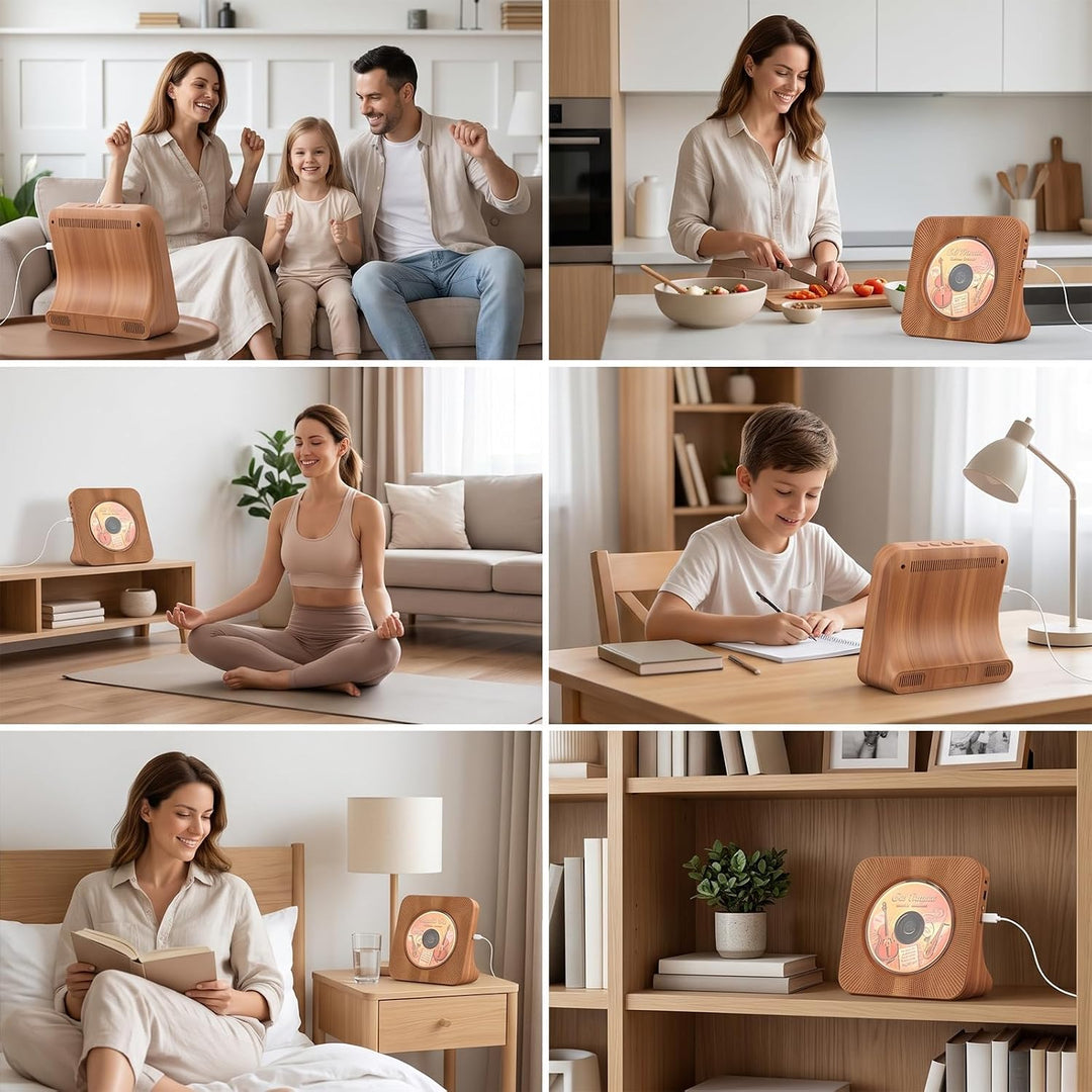 CD Player mit Lautsprecher, Bluetooth 5.0, Radio Holzoptik, Holzoptik