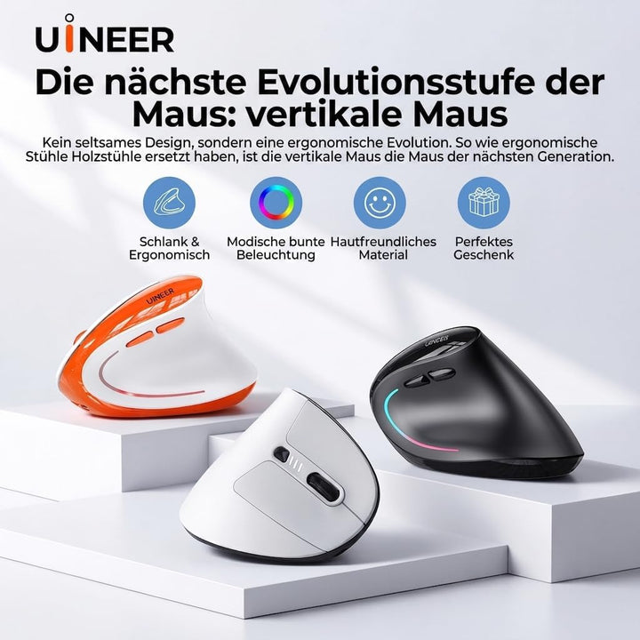 Uineer Vertikale Ergonomische Funkmaus 【Verbesserter Komfort】, leichtes und leises Design, wiederauf