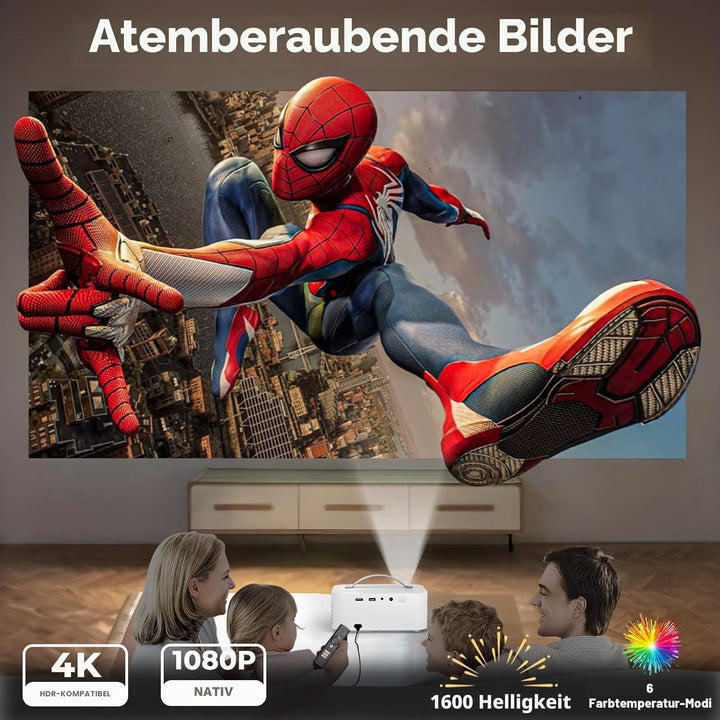 Videoprojektor 4 K 【Integrierte App/Dolby Audio】 1080P Nativer Videoprojektor, WiFi6, Bluetooth Liso