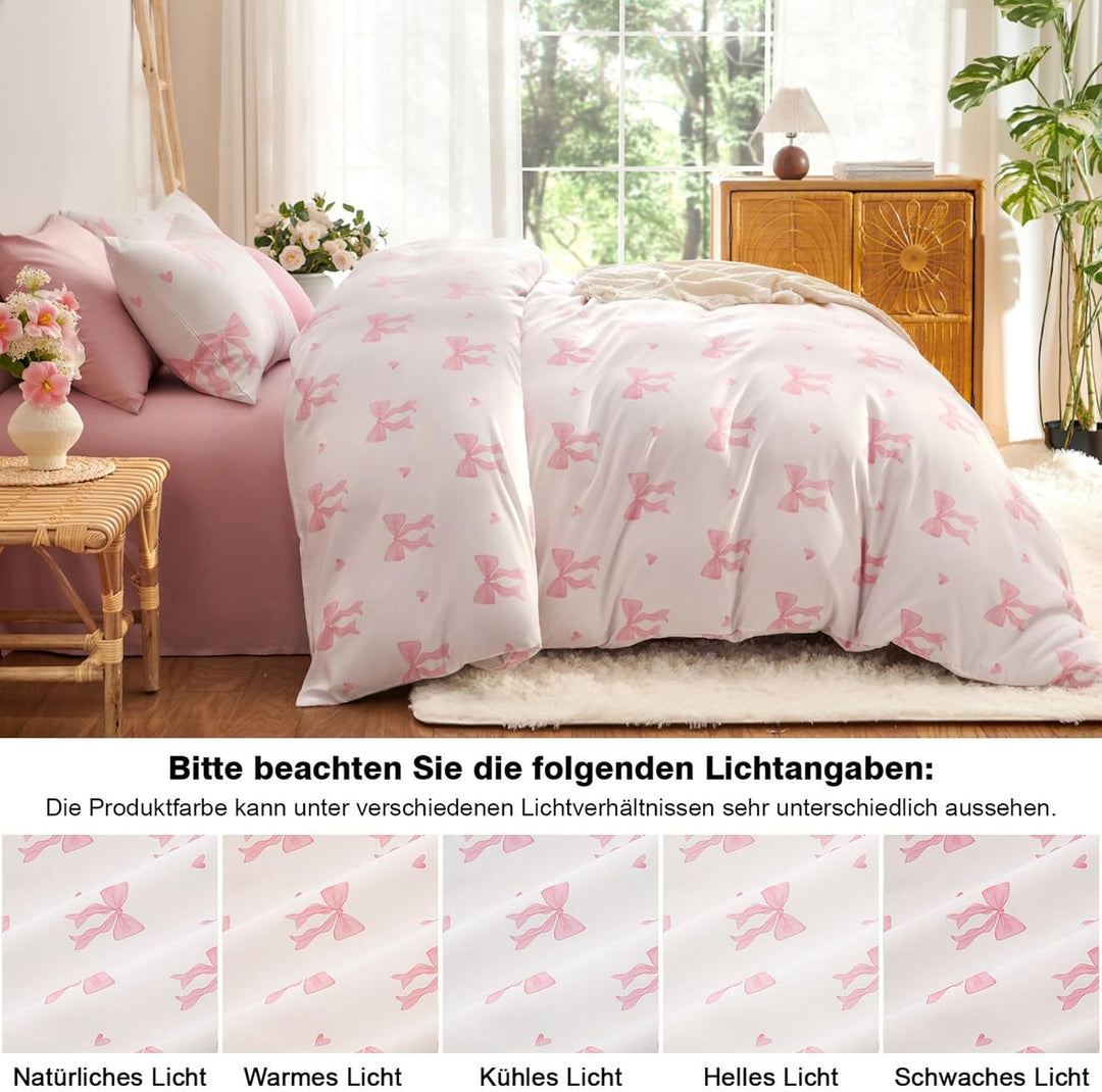 Tospass Schleife Bettwäsche 135x200cm Beige Rosa Schleifen Mädchen Wendebettwäsche-Set Deckenbezug F