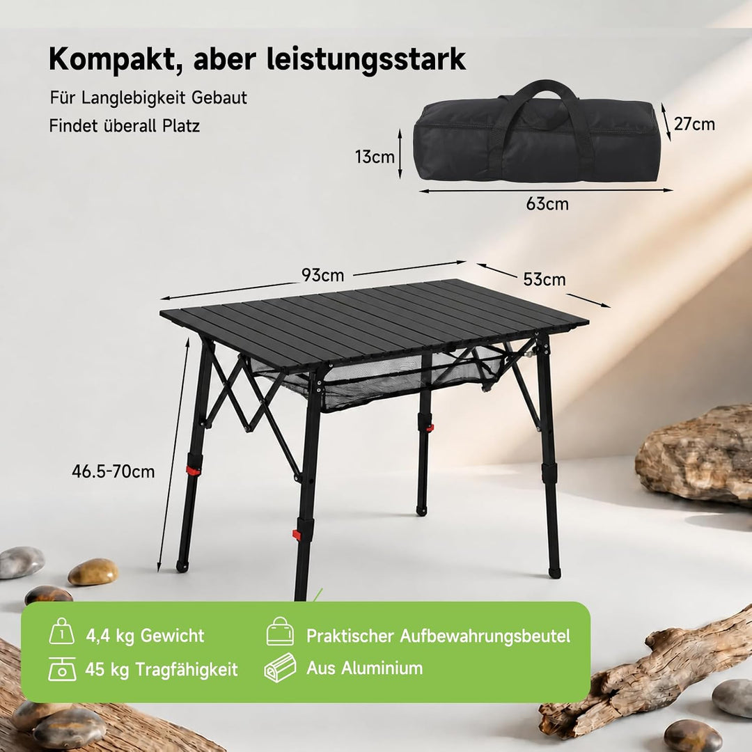 HAUSPROFI Campingtisch Klappbar Aluminium Höhenverstellbar 93x53cm Falttisch mit Aufrollbarer Tischp