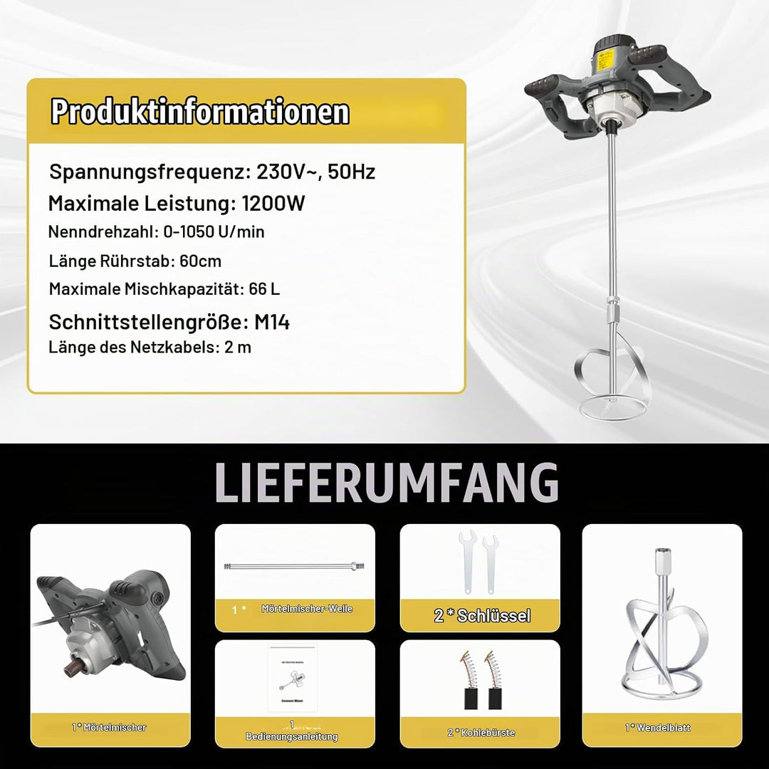 Rührwerk Mörtelrührer, 1200W Betonmischer, 6-Gang-Getriebe mit variabler,inkl. Mörtel 60CM mit M14 G