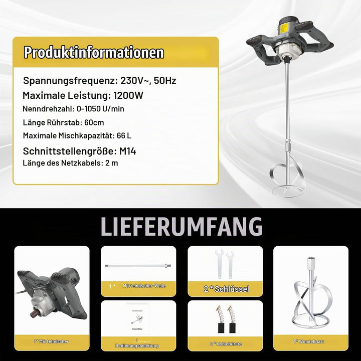 Rührwerk Mörtelrührer, 1200W Betonmischer, 6-Gang-Getriebe mit variabler,inkl. Mörtel 60CM mit M14 G