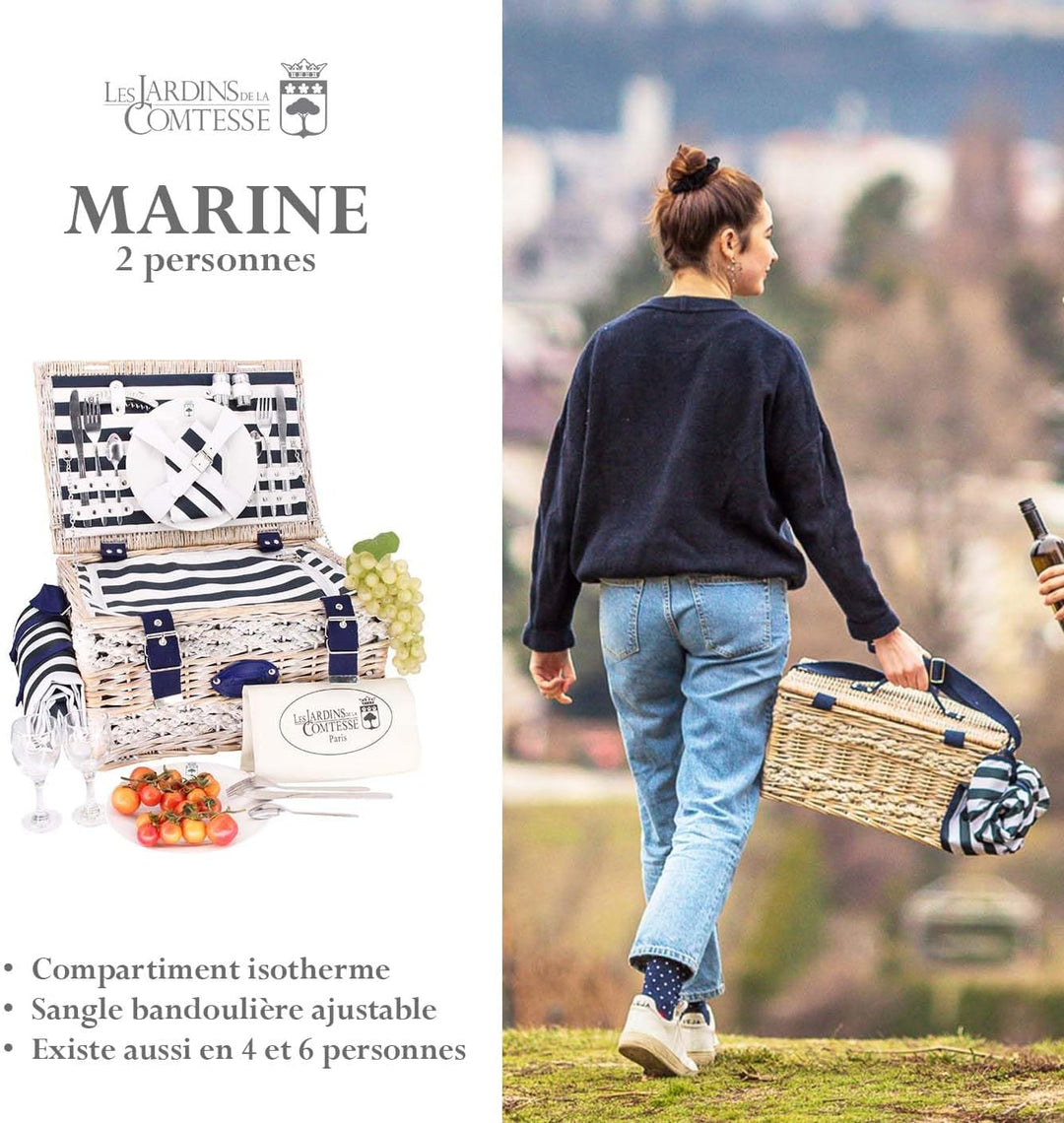 Les Jardins de la Comtesse - Picknickkorb Marine - Komplett/2 Personen - Kühlfach - Keramikteller un