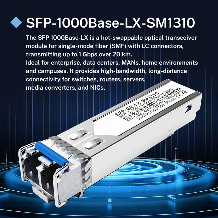 4er-Pack 1.25G SFP LC Modul 1000Base-LX Singlemode Transceiver (SMF, 1310nm, 20km, DDM) – Kompatibel