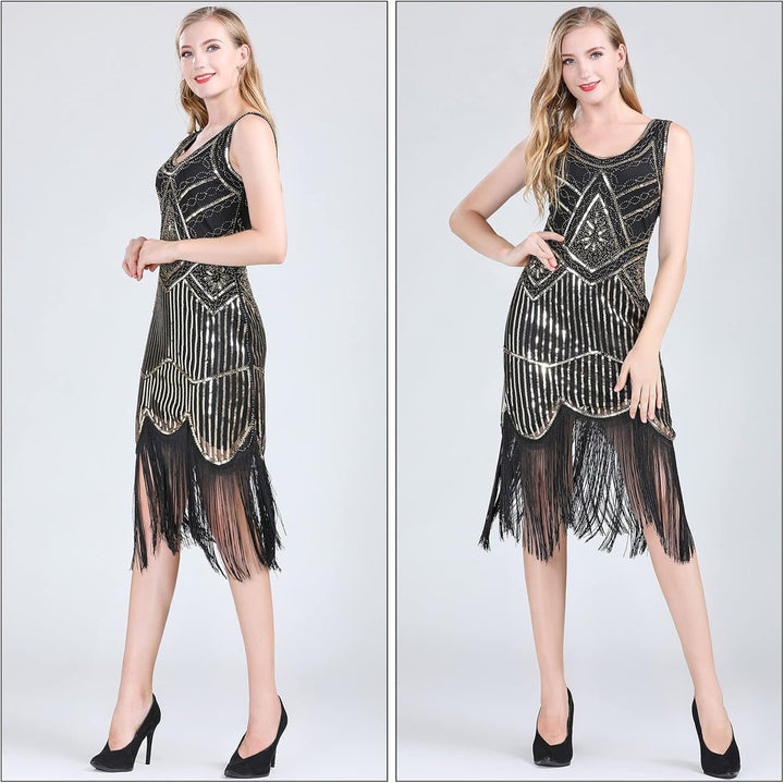 FEPITO 1920er Jahre V-Ausschnitt Pailletten Perlen Fransen Kleid mit 20er Jahren Zubehör Set Pure Bl