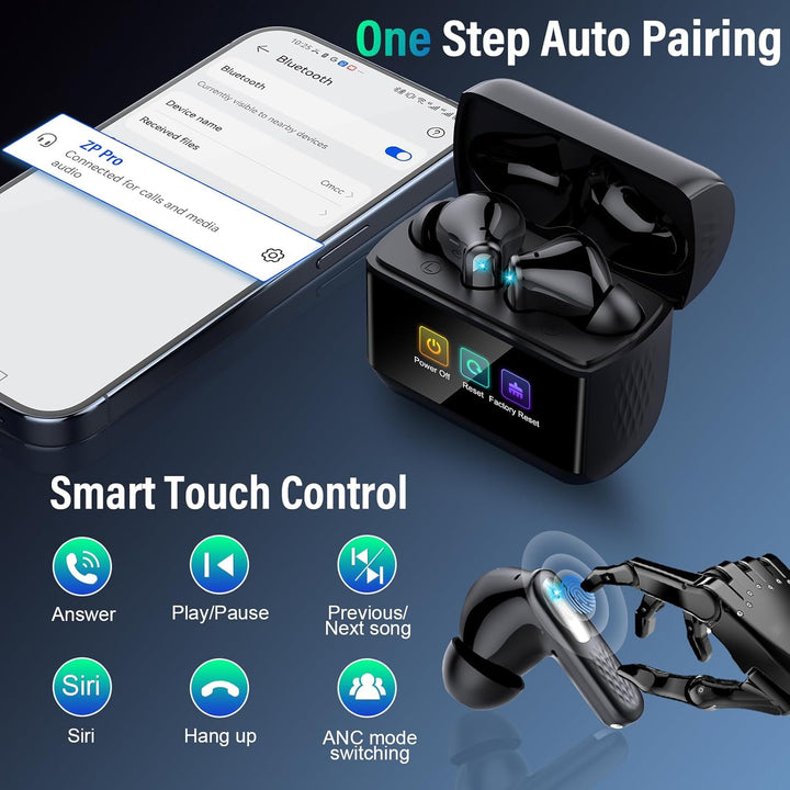 ZYHKON Bluetooth Kopfhörer mit Touchscreen, In Ear Kopfhörer Kabellos Bluetooth 5.4 mit ANC/ENC Mic