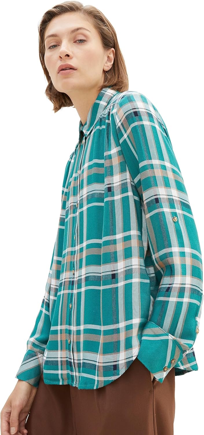 TOM TAILOR Damen Bluse mit Karomuster & Turn-Up Ärmel, 33993 - Teal Beige Check