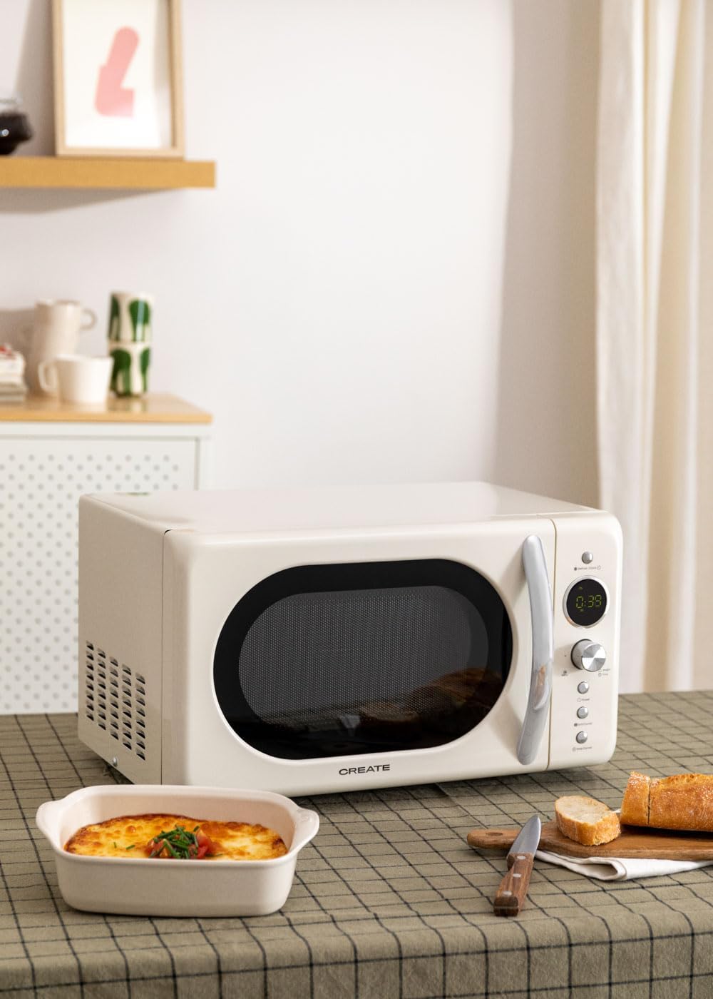 CREATE/MICROWAVE RETRO/Digitale Mikrowelle mit Grillfunktion Cremeweiss/Retro-Stil, 20L Fassungsverm