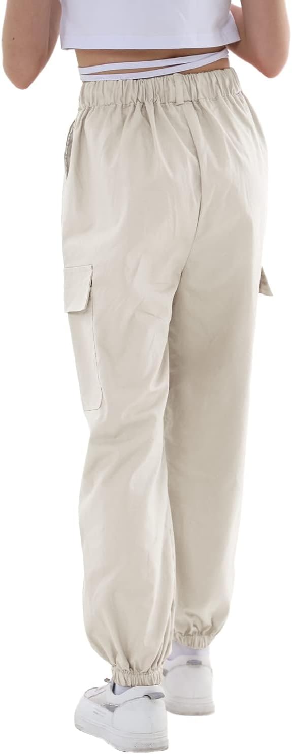 Rolanko Kinder Cargo Hose Elastische Taille Jogger Tanz Hose für Mädchen Streetwear Hip Hop, Beige 1