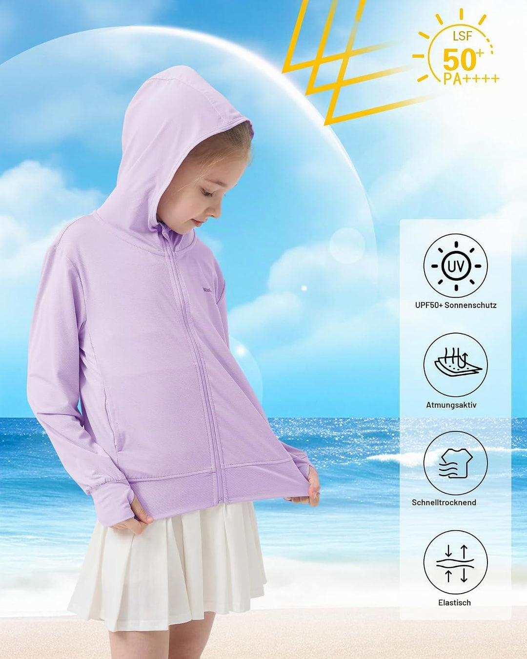 Rolanko Mädchen Sommerjacke mit Daumenlöchern Langarm Sonnenschutz Schnell Trocknend Reissverschluss