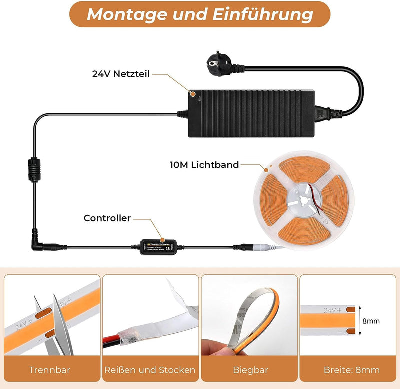 SUBOSI 10M COB Warmweiss LED Streifen Licht Strip Lichterkette 320LEDs/M 3200LEDs 24V Dimmbar Verfor