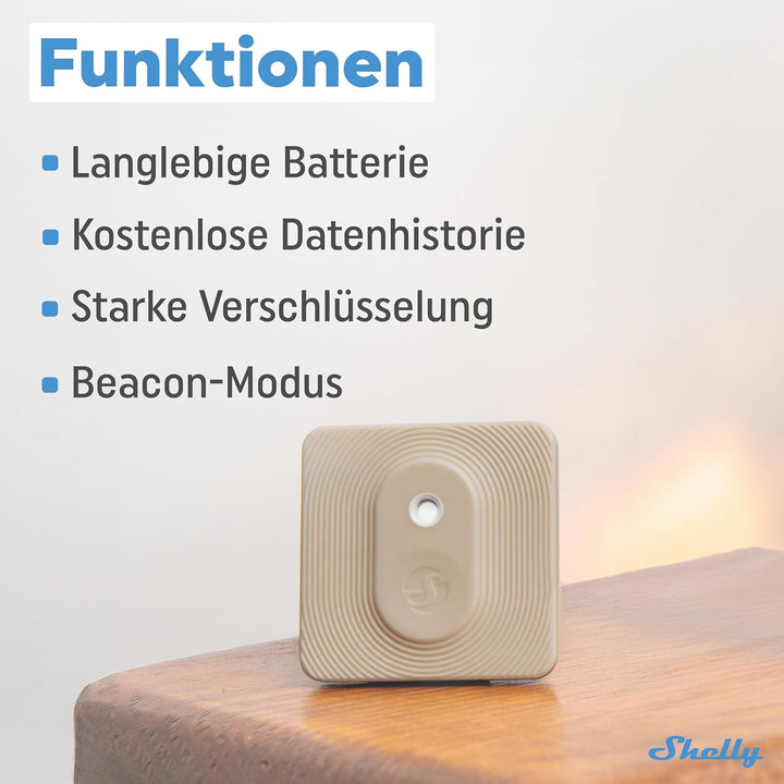 Shelly Blu H&T Mocha | Bluetooth-gesteuerter Temperatur- und Luftfeuchtigkeitssensor | Spritzwasserg