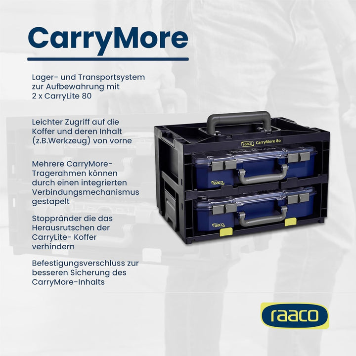 raaco CarryMore 80x2: Leicht Sortimentskasten für Werkstatt, Kistenberg mit 2 Sortierkasten für Klei