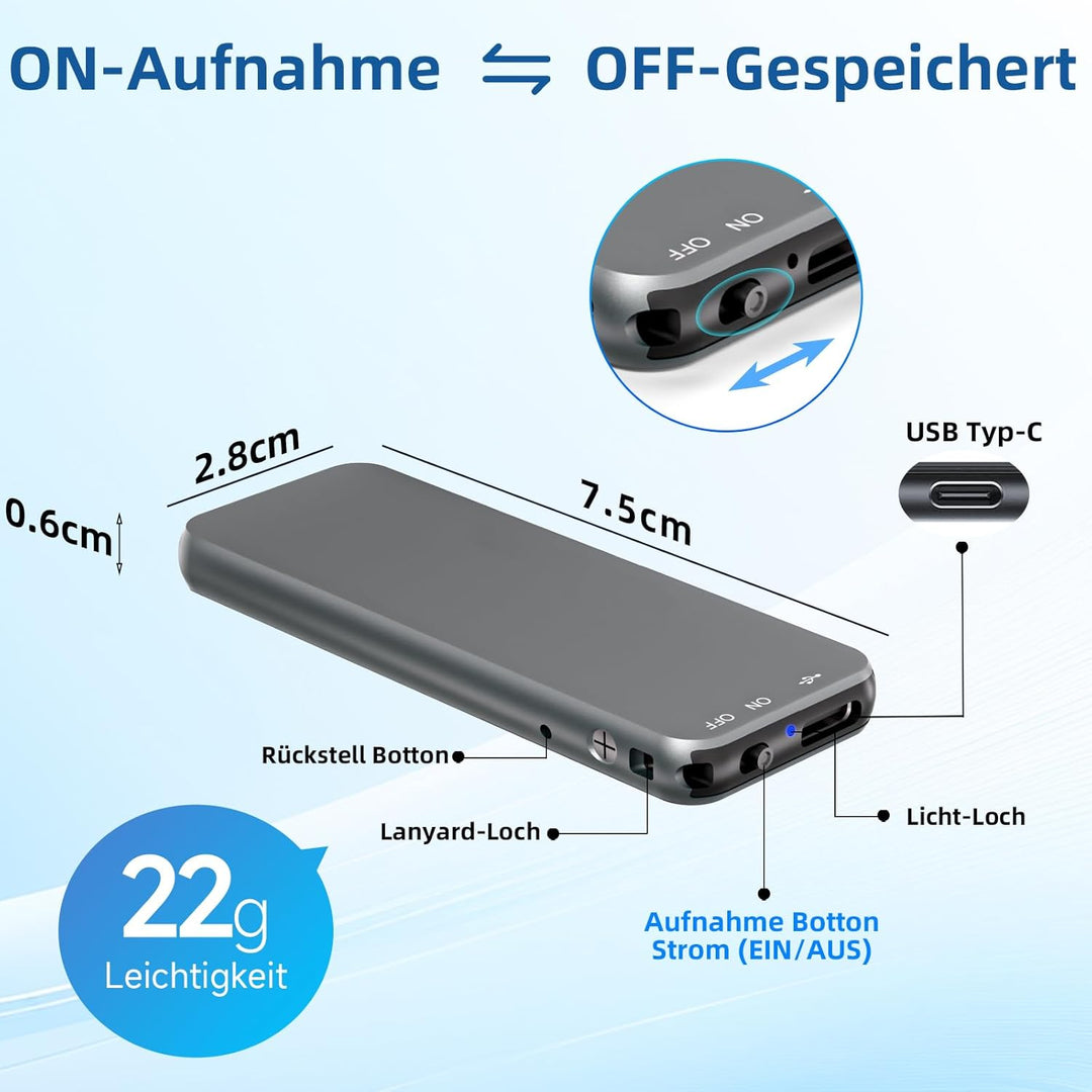 64GB Ponovo Diktiergerät im Schlüsselanhänger-Design mit Metallgehäuse, EIN-Tasten-Bedienung, 1536kb