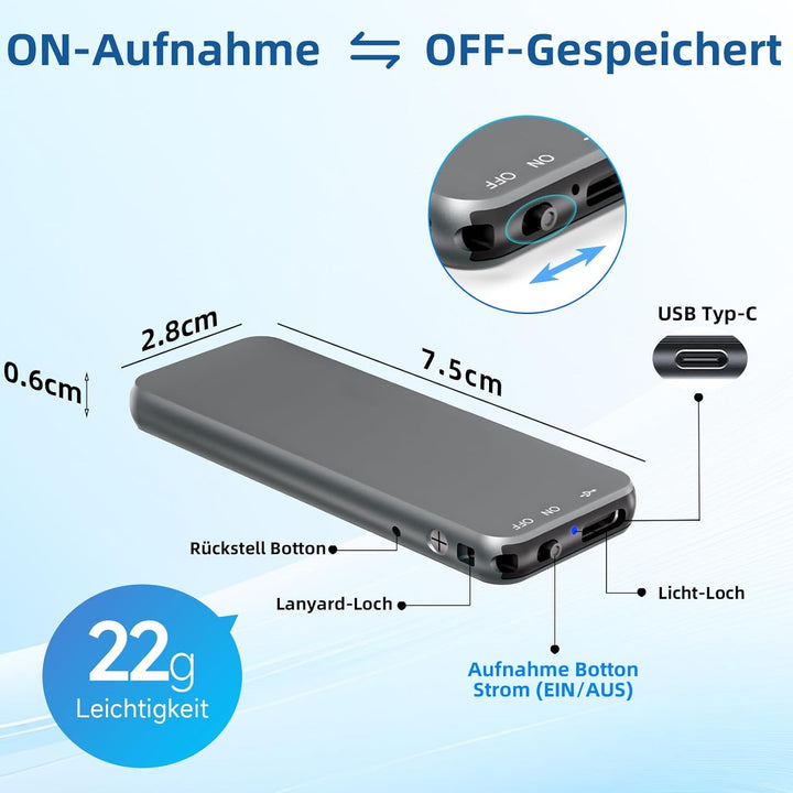 64GB Ponovo Diktiergerät im Schlüsselanhänger-Design mit Metallgehäuse, EIN-Tasten-Bedienung, 1536kb