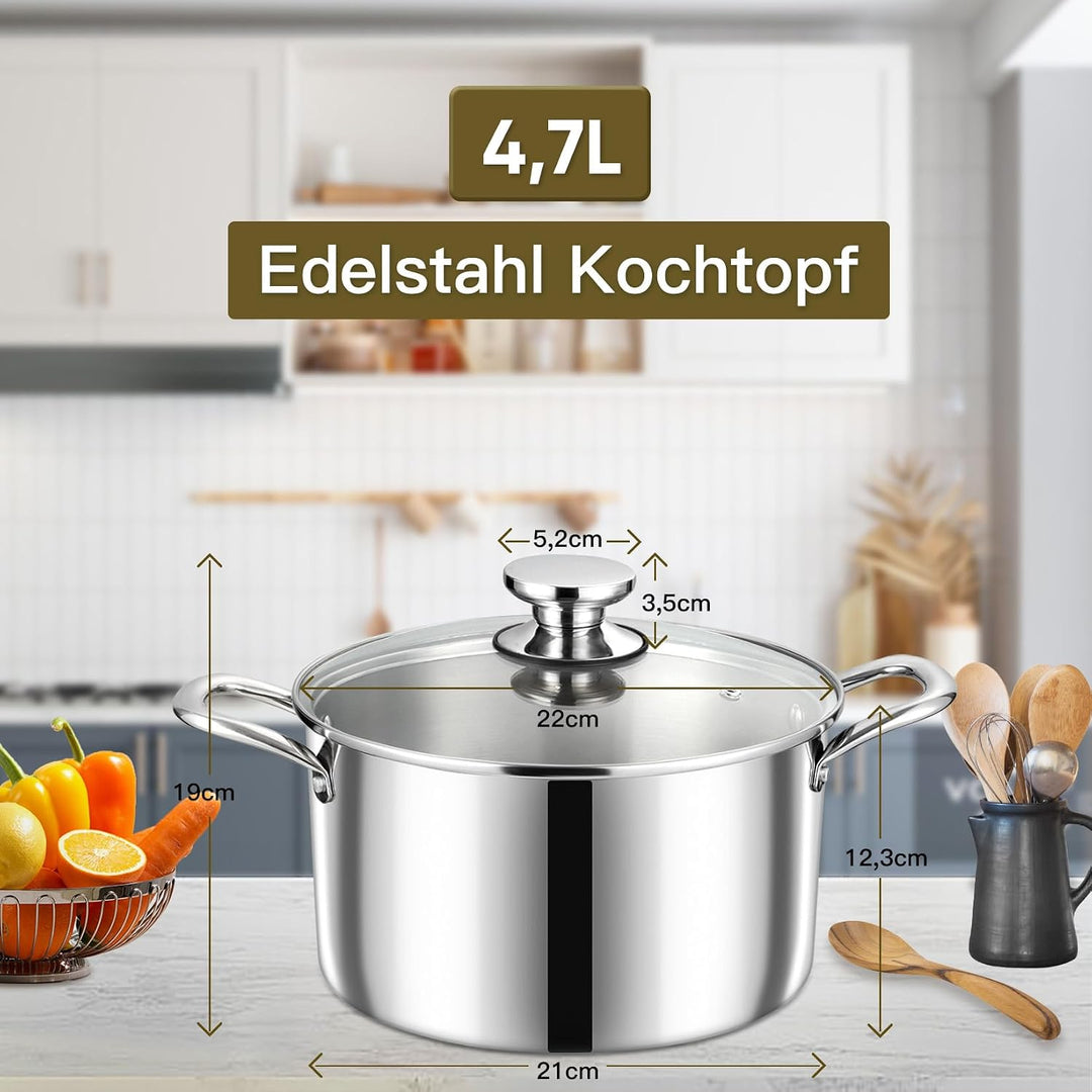 Onader Kochtopf, 3-Lagen Edeastahl Topf Induktion, 5L Kochtöpfe Nudeltopf Suppentopf mit Glasdeckel